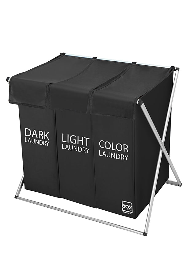 Box&Box 3 Bölmeli Çamaşır ve Kirli Sepeti, Siyah, Makinede Yıkanabilir Kumaş, 64x42x58 cm